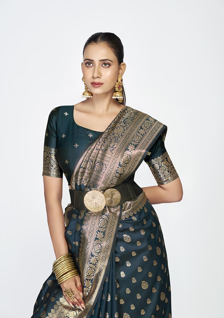Navy Blue Weaving Work Silk Saree Set - Indya