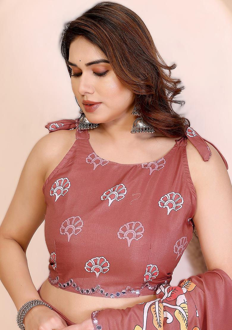 Brown Printed Silk Saree Set - Indya