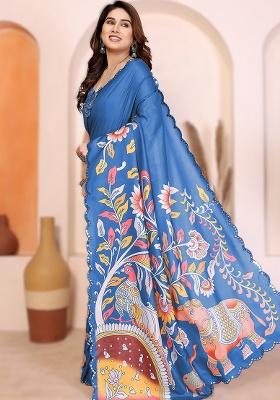Blue Printed Silk Saree Set