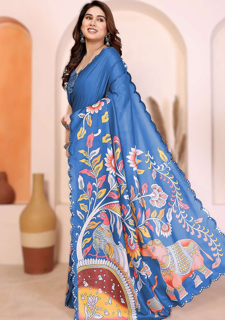 Blue Printed Silk Blend Saree Set for Diwali and Festive Wear - Indya