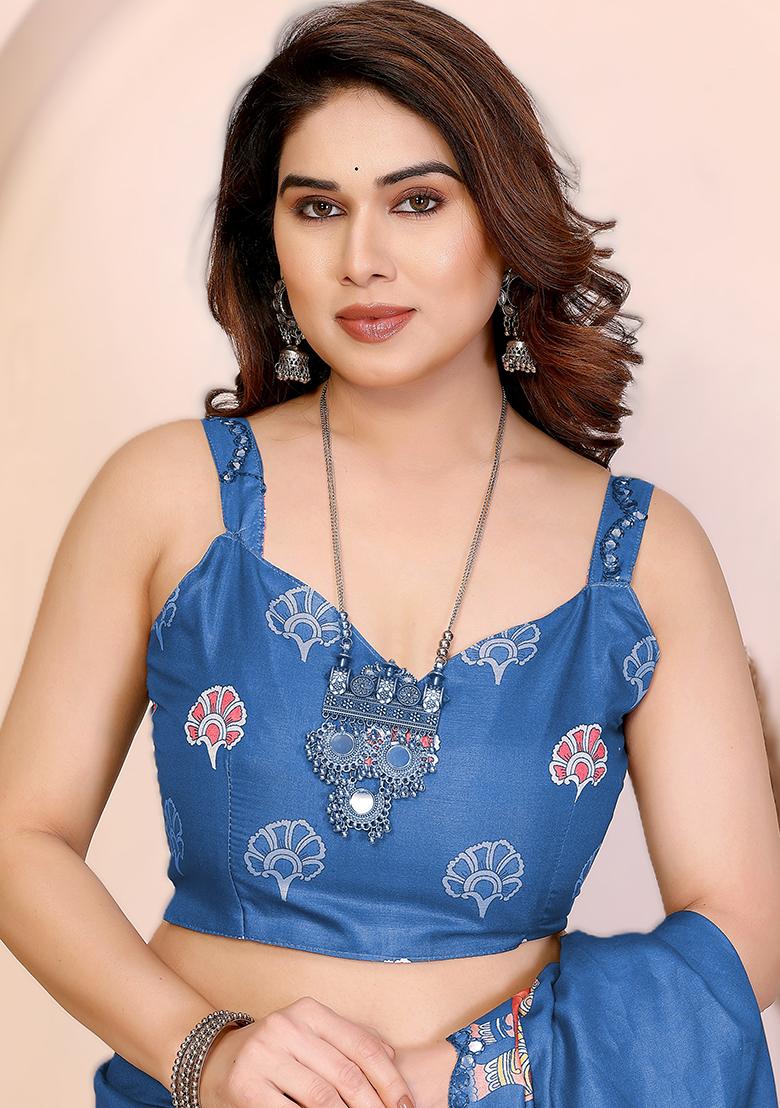 Blue Printed Silk Saree Set - Indya