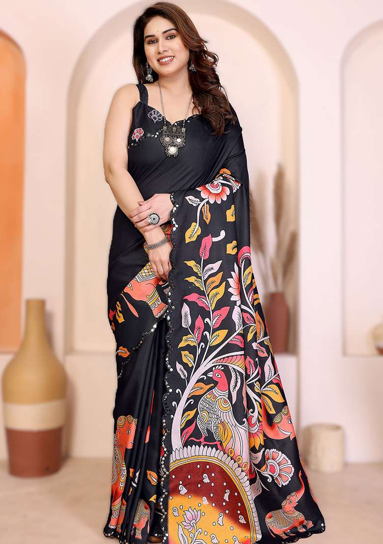 Black Printed Silk Blend Saree Set for Diwali and Festive Wear - Indya