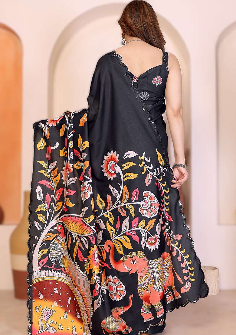 Black Printed Silk Blend Saree Set for Diwali and Festive Wear - Indya