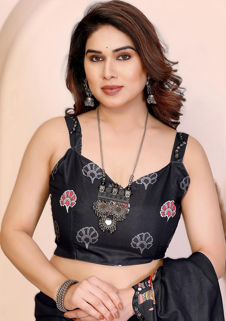 Black Printed Silk Saree Set - Indya