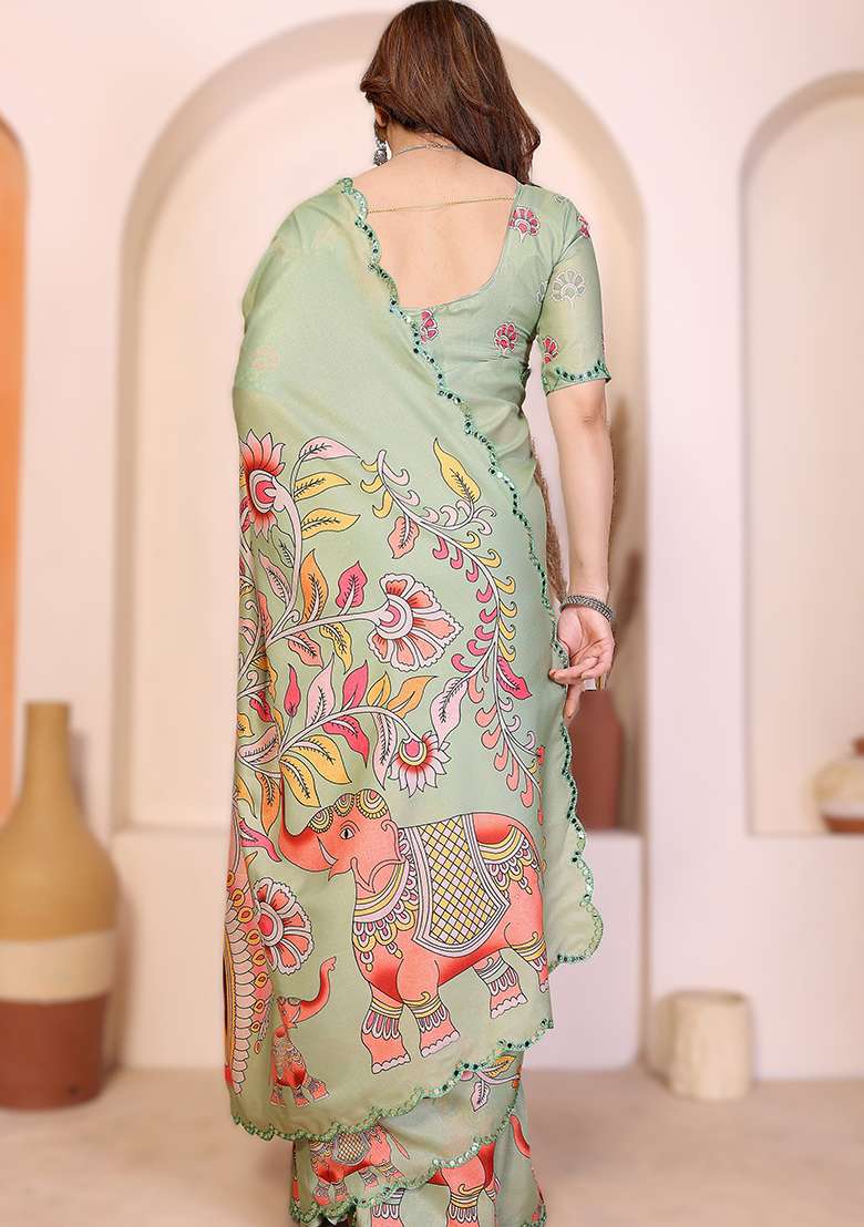 Parrot Green Printed Silk Blend Saree Set for Diwali and Festive Wear - Indya