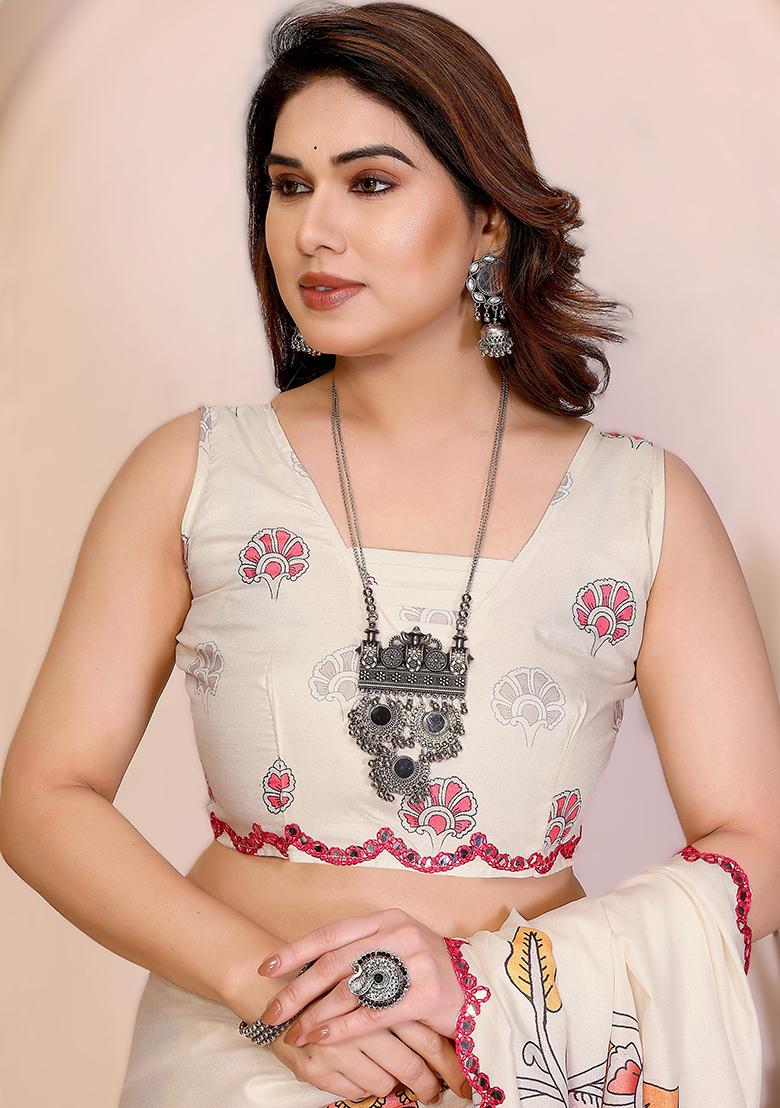 White Printed Silk Saree Set - Indya