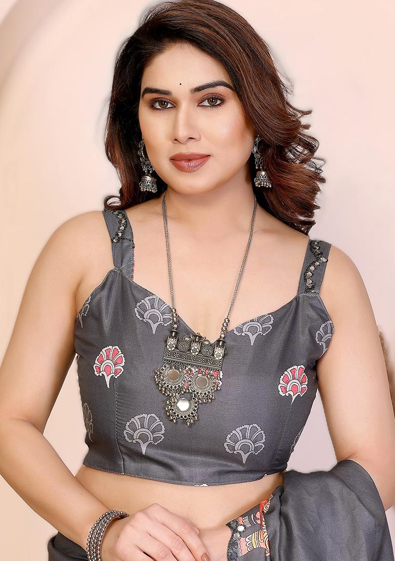 Grey Printed Silk Saree Set - Indya