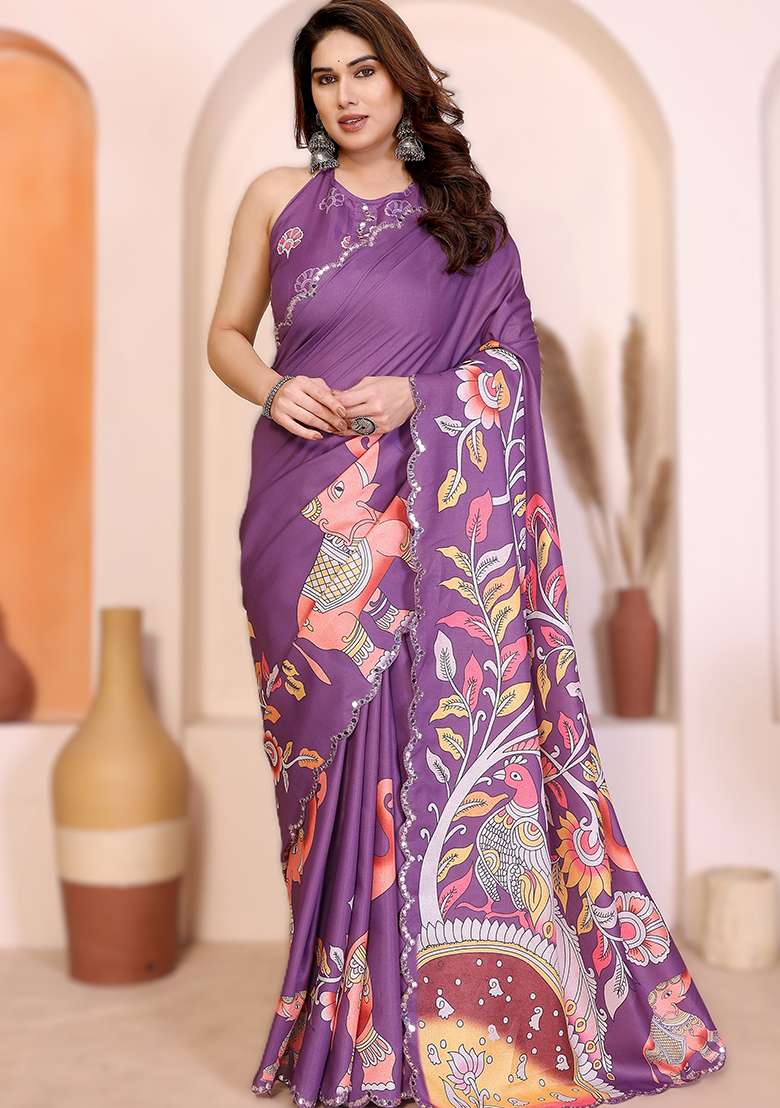Dark Purple Printed Silk Blend Saree Set for Diwali and Festive Wear - Indya