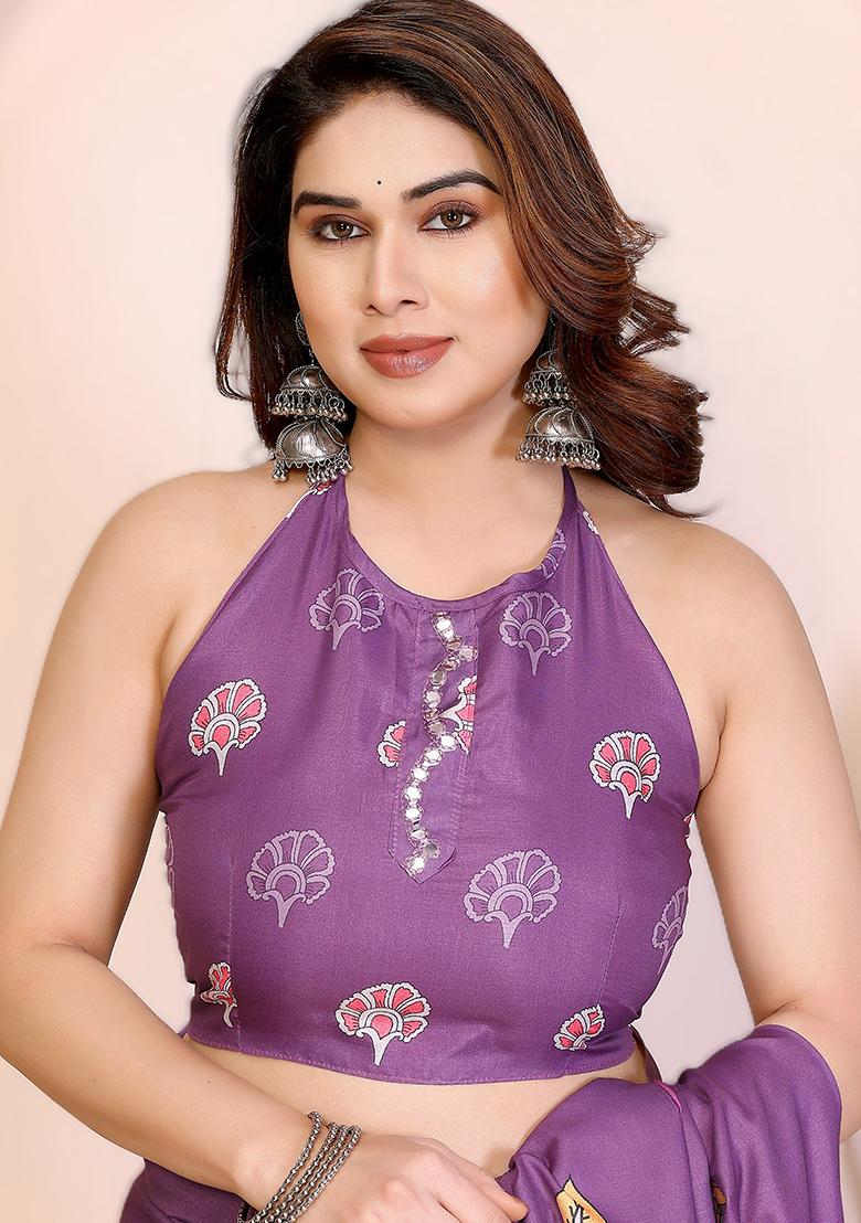 Dark Purple Printed Silk Saree Set - Indya