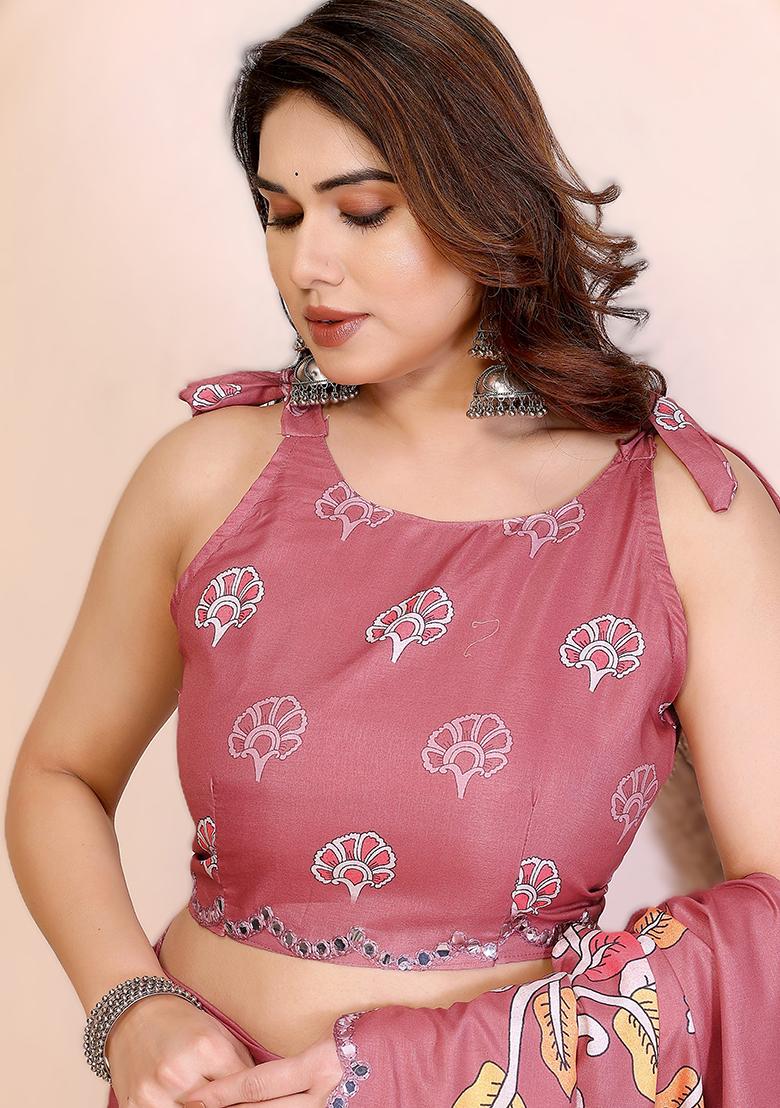 Peach Printed Silk Saree Set - Indya