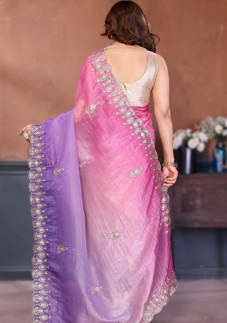Pink Embroidery Silk Blend Saree Set for Diwali and Festive Wear - Indya