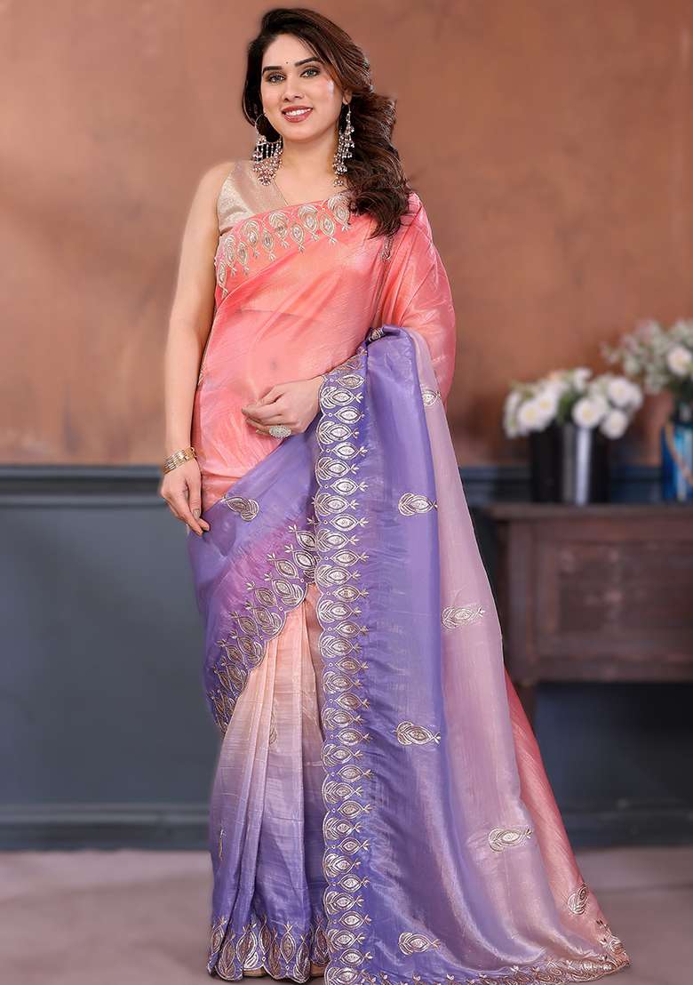 Lavender Embroidery Silk Blend Saree Set for Diwali and Festive Wear - Indya