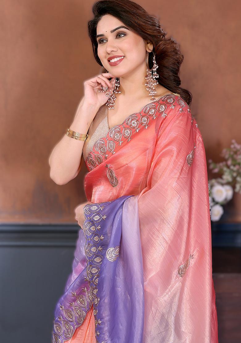 Lavender Embroidery Silk Saree Set - Indya