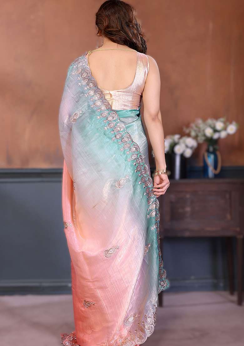 Peach Embroidery Silk Blend Saree Set for Diwali and Festive Wear - Indya