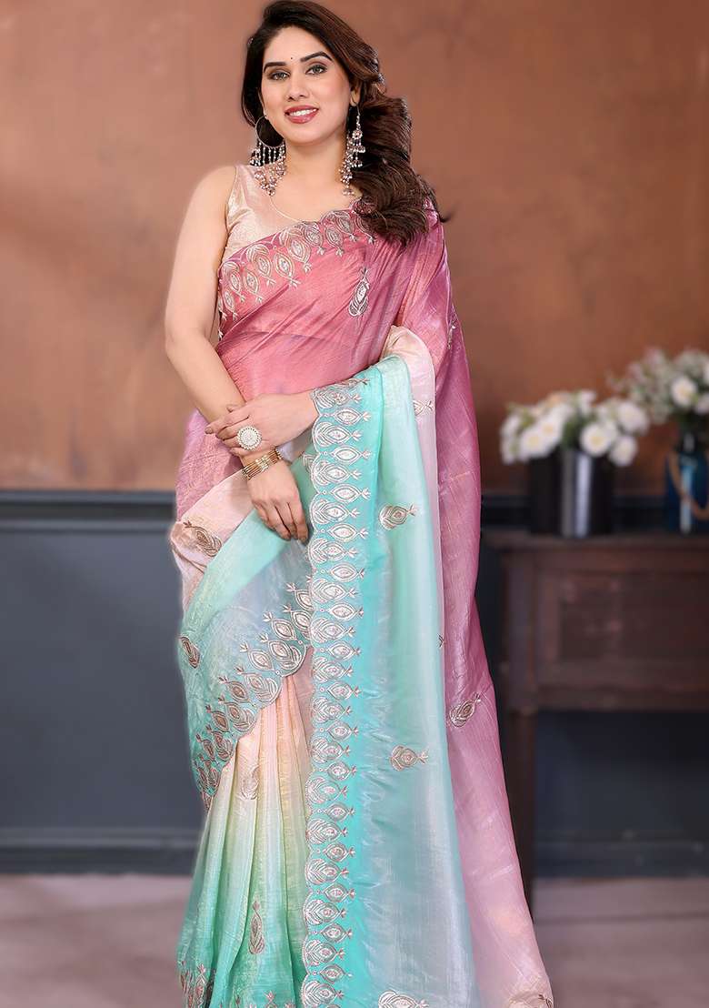 Burgundy Embroidery Silk Blend Saree Set for Diwali and Festive Wear - Indya