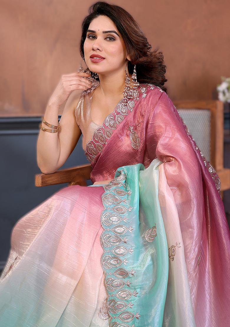 Burgundy Embroidery Silk Saree Set - Indya