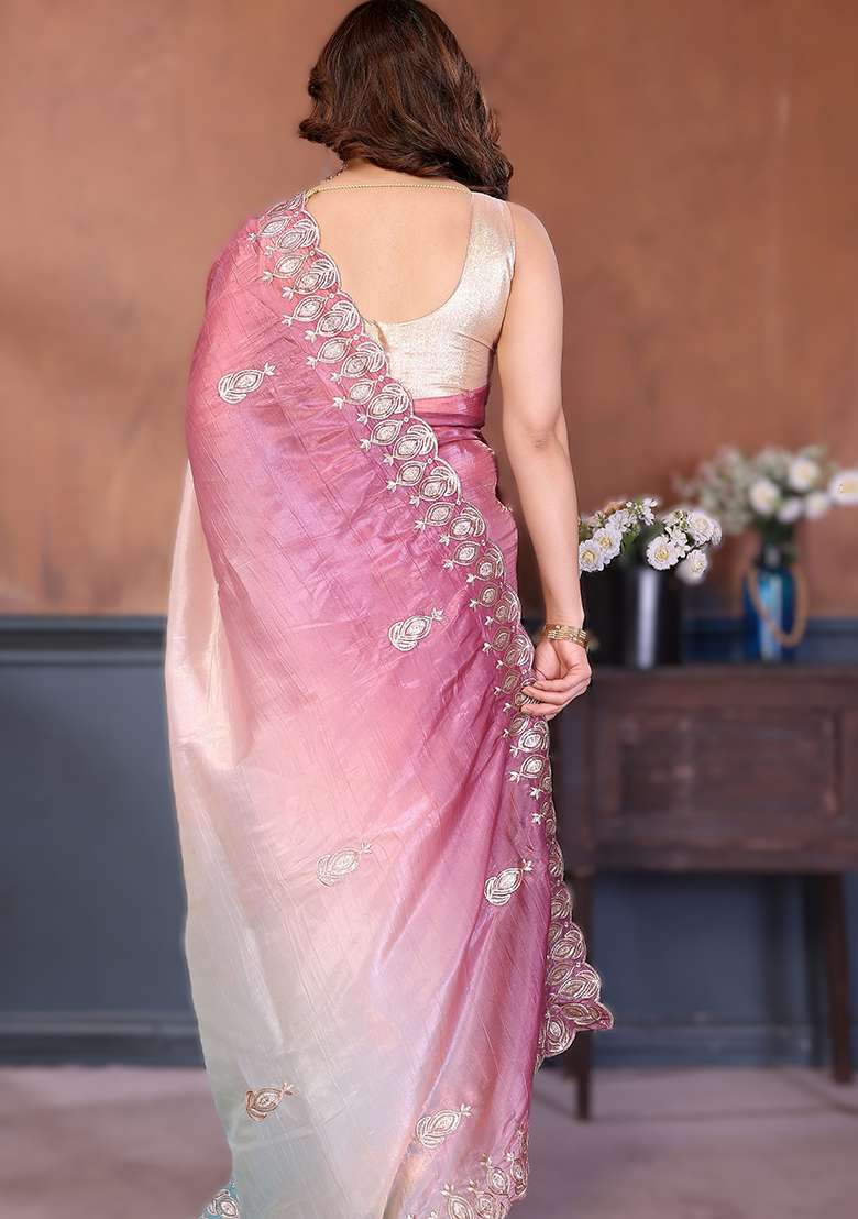 Burgundy Embroidery Silk Blend Saree Set for Diwali and Festive Wear - Indya