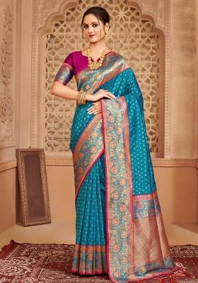 Blue Zari Work Silk Blend Saree Set