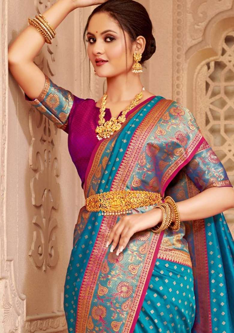 Blue Zari Work Silk Blend Saree Set - Indya