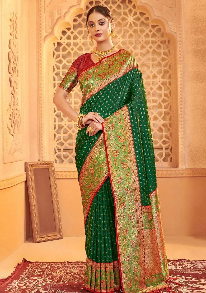 Dark Green Zari Work Silk Blend Saree Set - Indya