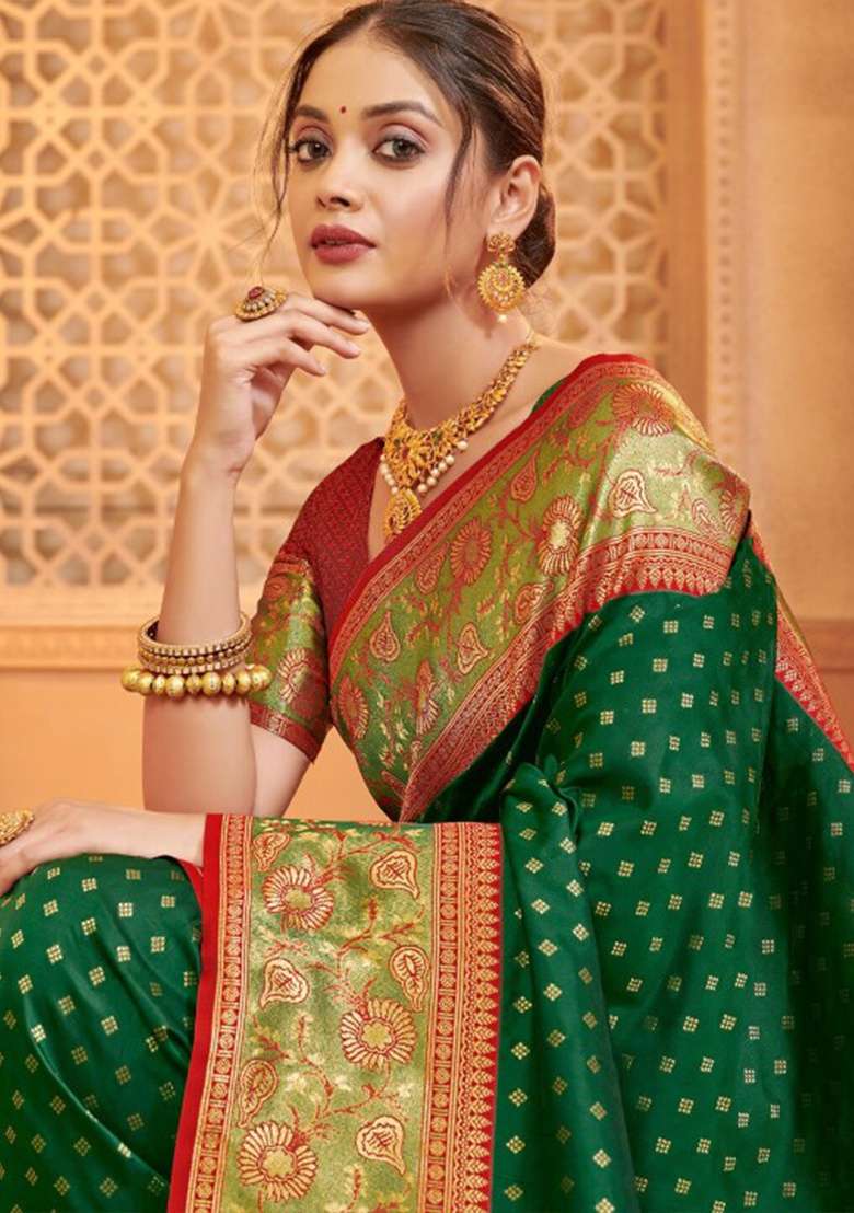 Dark Green Zari Work Silk Blend Saree Set - Indya