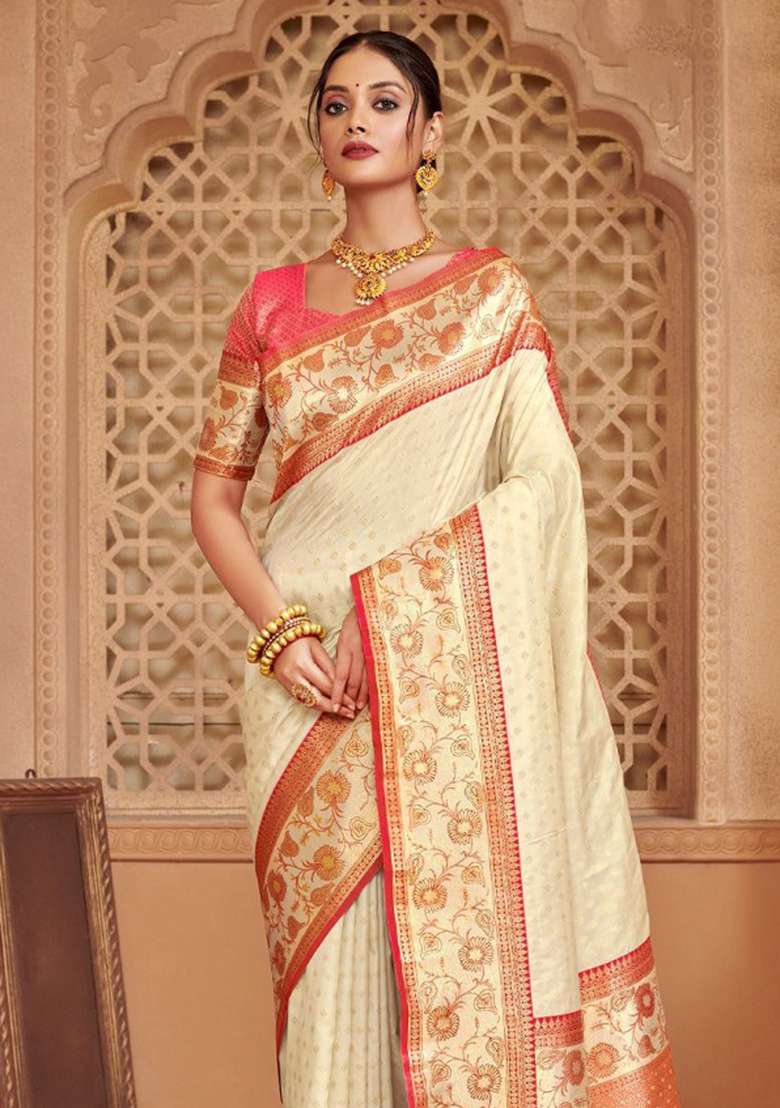 Off White Zari Work Silk Blend Saree Set - Indya