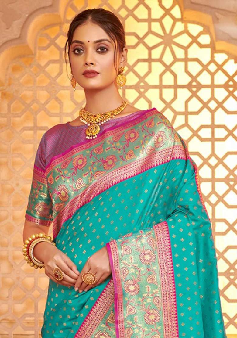 Sea Green Zari Work Silk Blend Saree Set - Indya