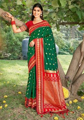 Dark Green Zari Work Silk Saree Set