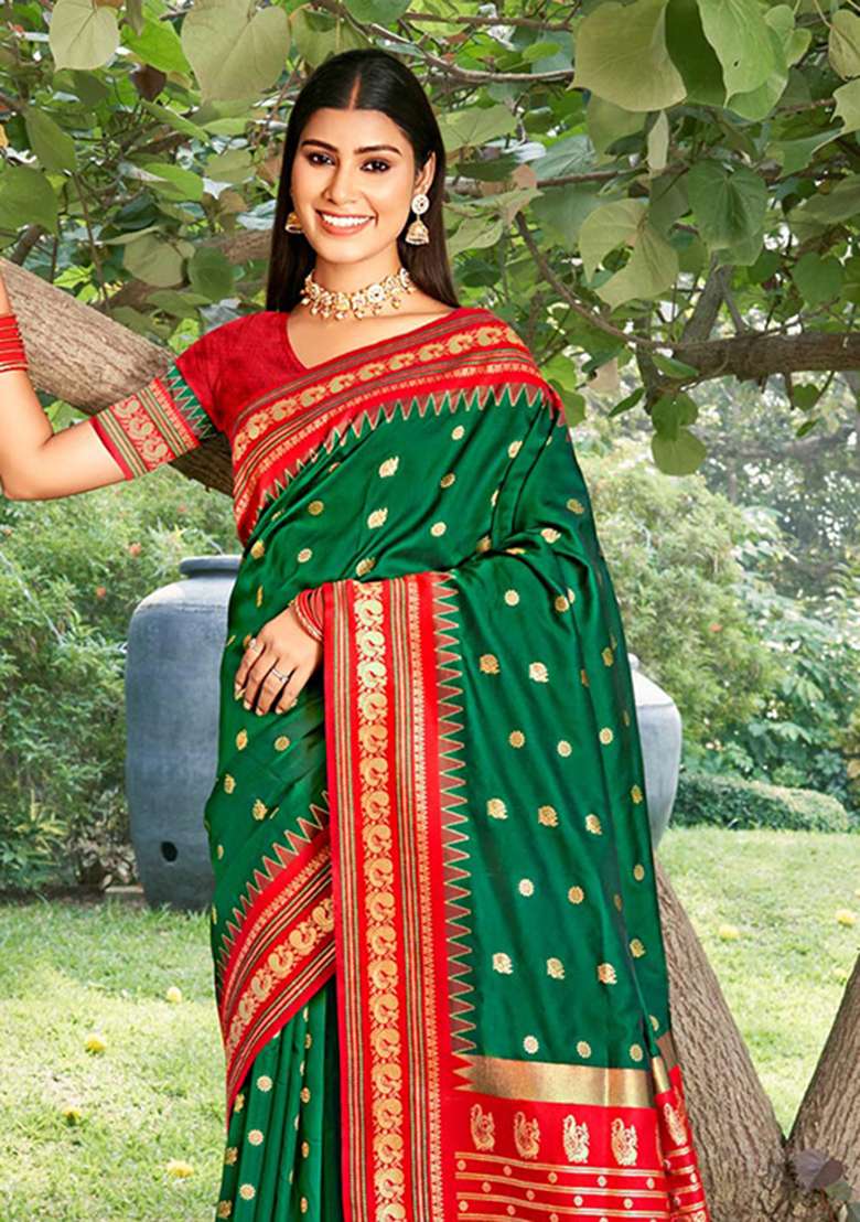 Dark Green Zari Work Silk Blend Saree Set - Indya