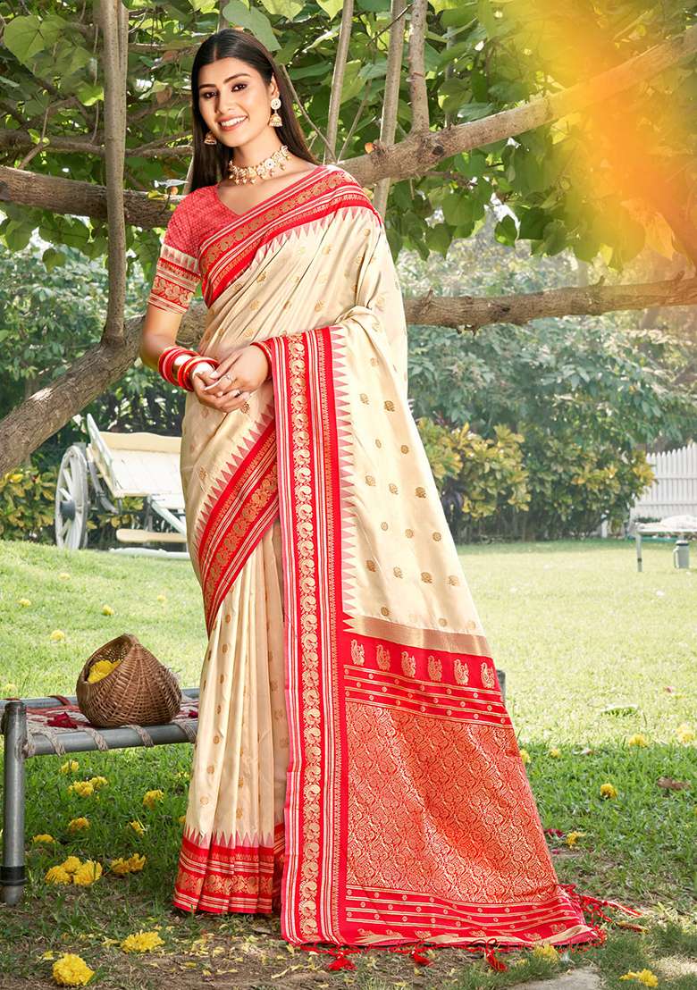 Off White Zari Work Silk Blend Saree Set - Indya