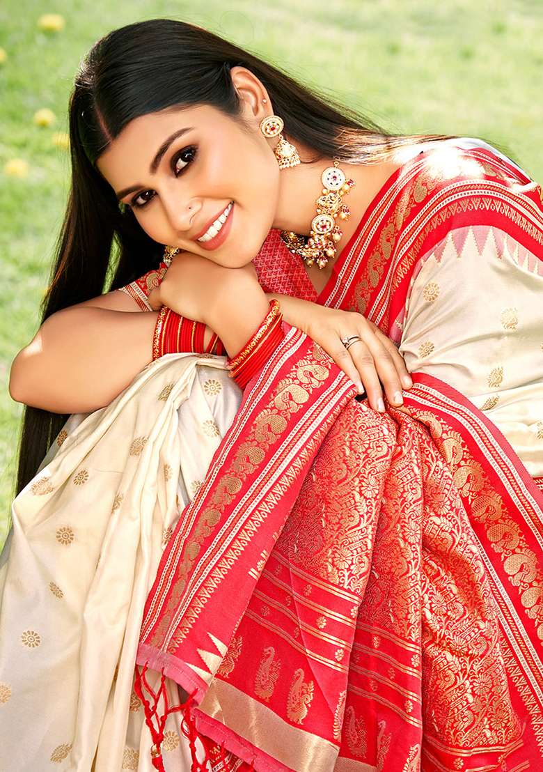 Off White Zari Work Silk Blend Saree Set - Indya