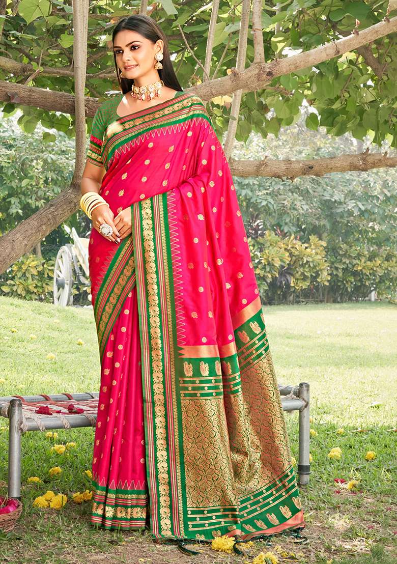 Rani Pink Zari Work Silk Blend Saree Set - Indya