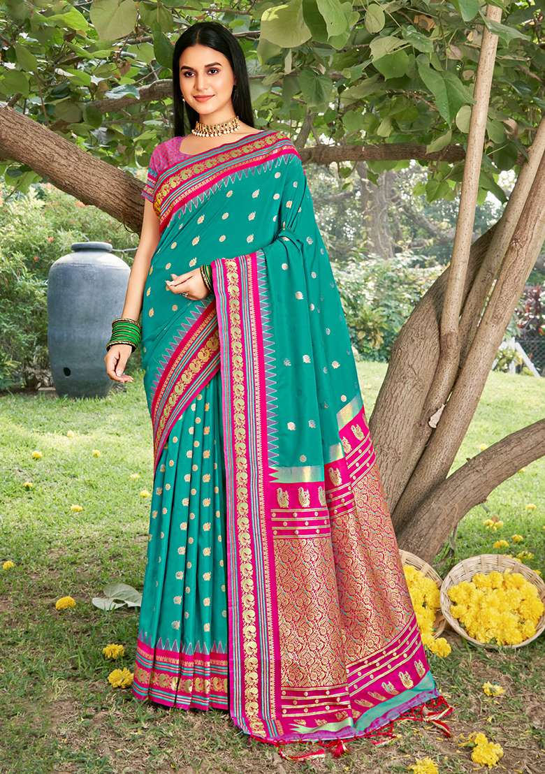 Turquoise Zari Work Silk Blend Saree Set - Indya