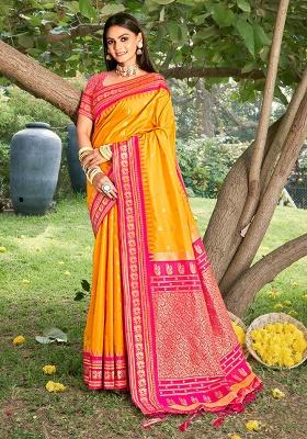Yellow Zari Work Silk Saree Set
