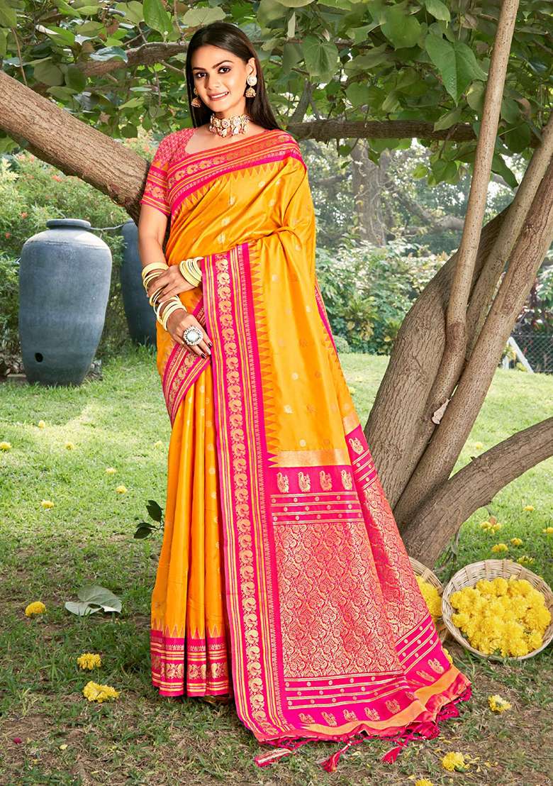 Yellow Zari Work Silk Blend Saree Set - Indya