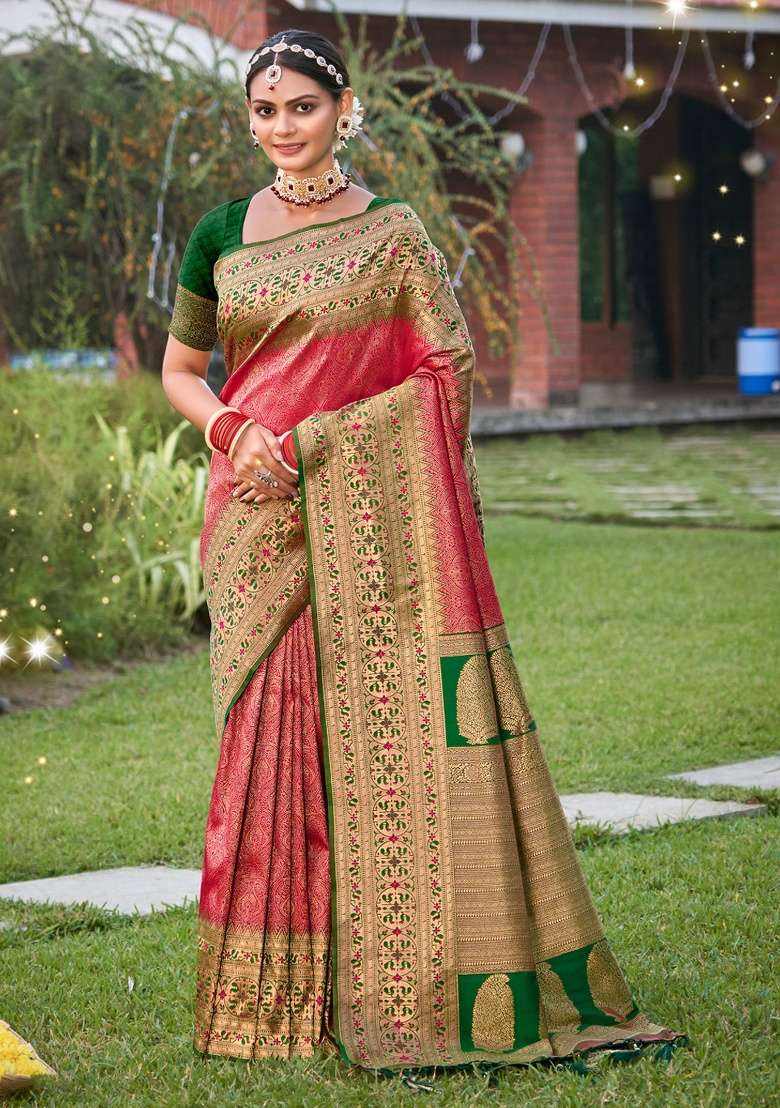 Coral Zari Work Silk Blend Saree Set - Indya