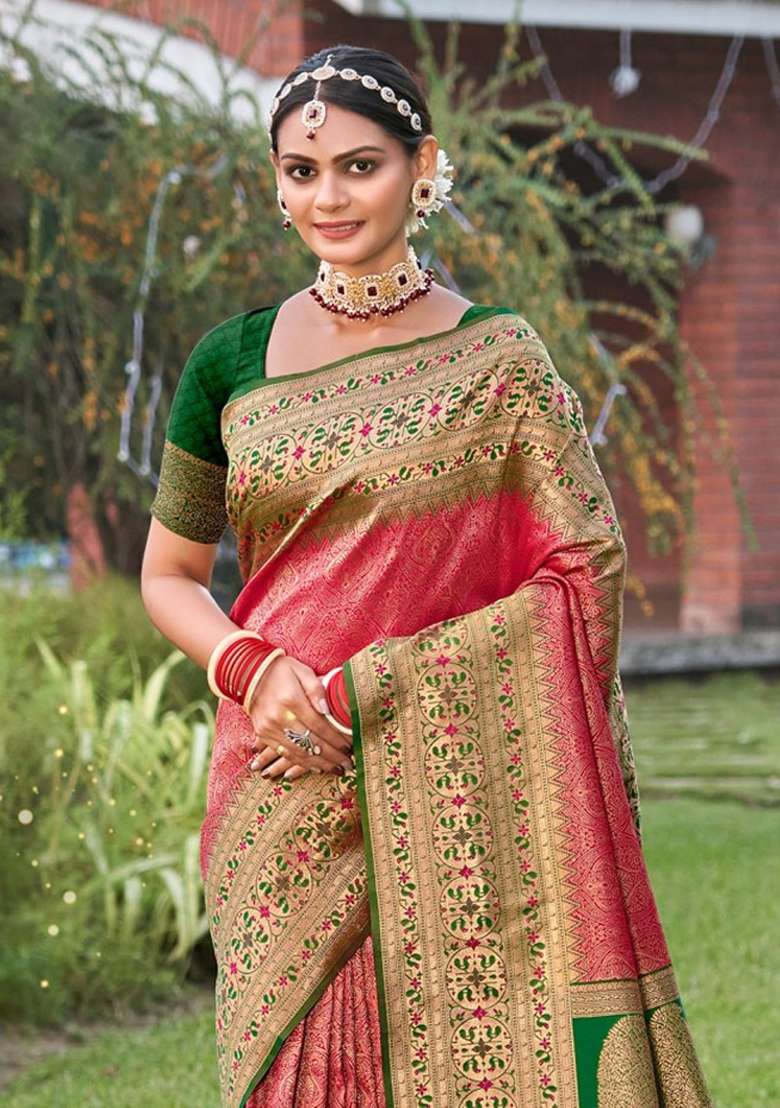 Coral Zari Work Silk Blend Saree Set - Indya