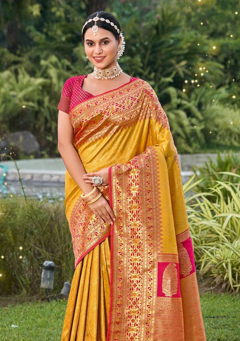 Yellow Zari Work Silk Blend Saree Set - Indya