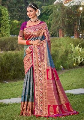 Blue Zari Work Silk Blend Saree Set