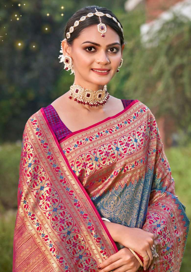Blue Zari Work Silk Blend Saree Set - Indya