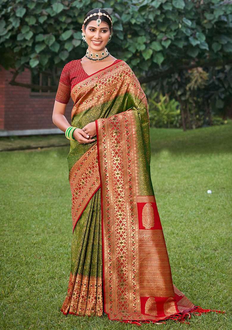 Mehendi Zari Work Silk Blend Saree Set - Indya