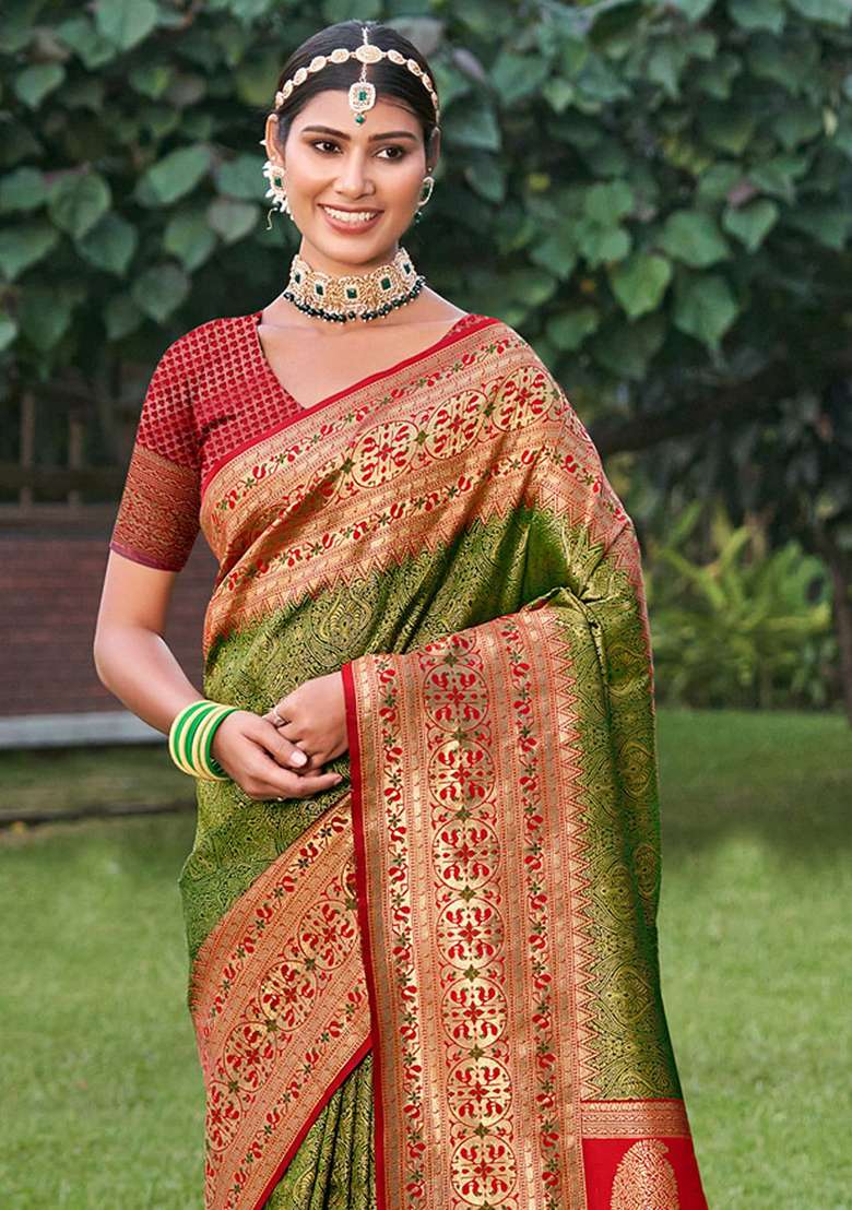 Mehendi Zari Work Silk Blend Saree Set - Indya