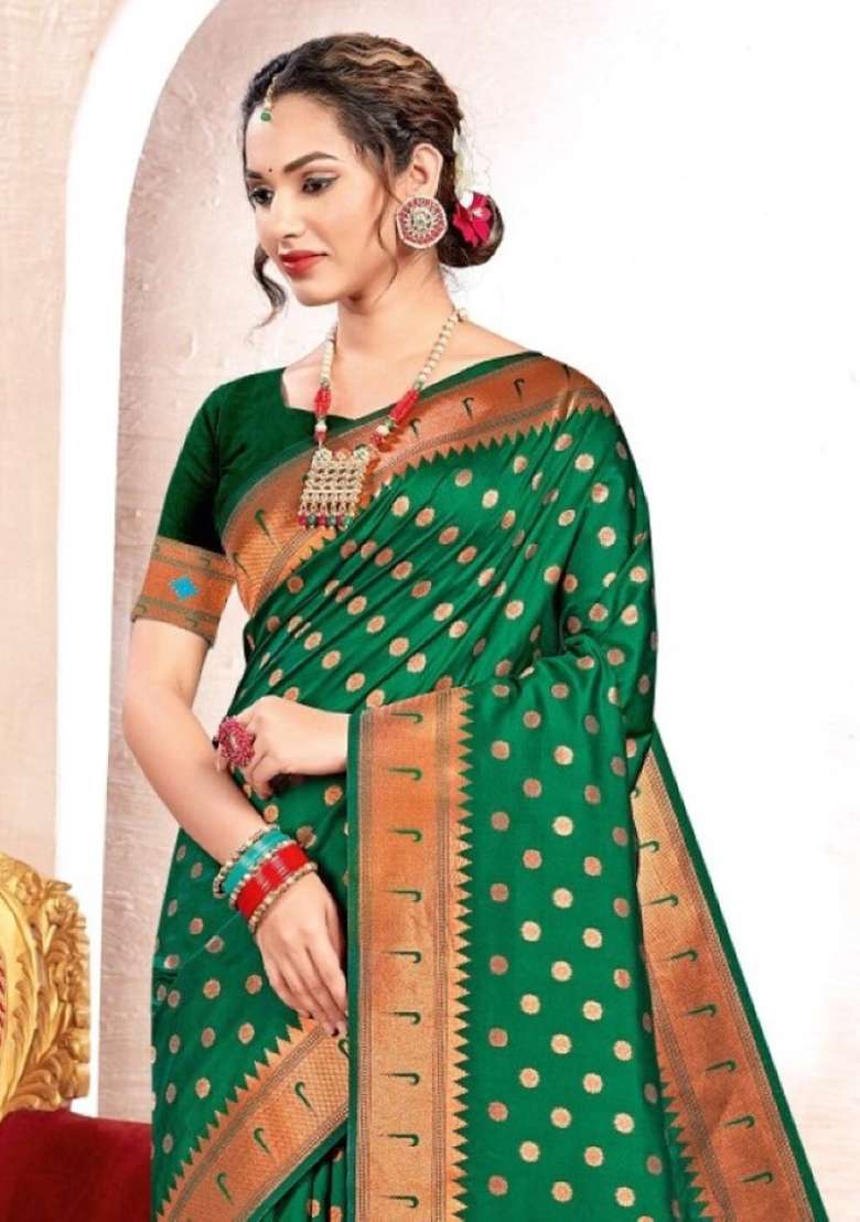 Dark Green Zari Work Silk Blend Saree Set - Indya