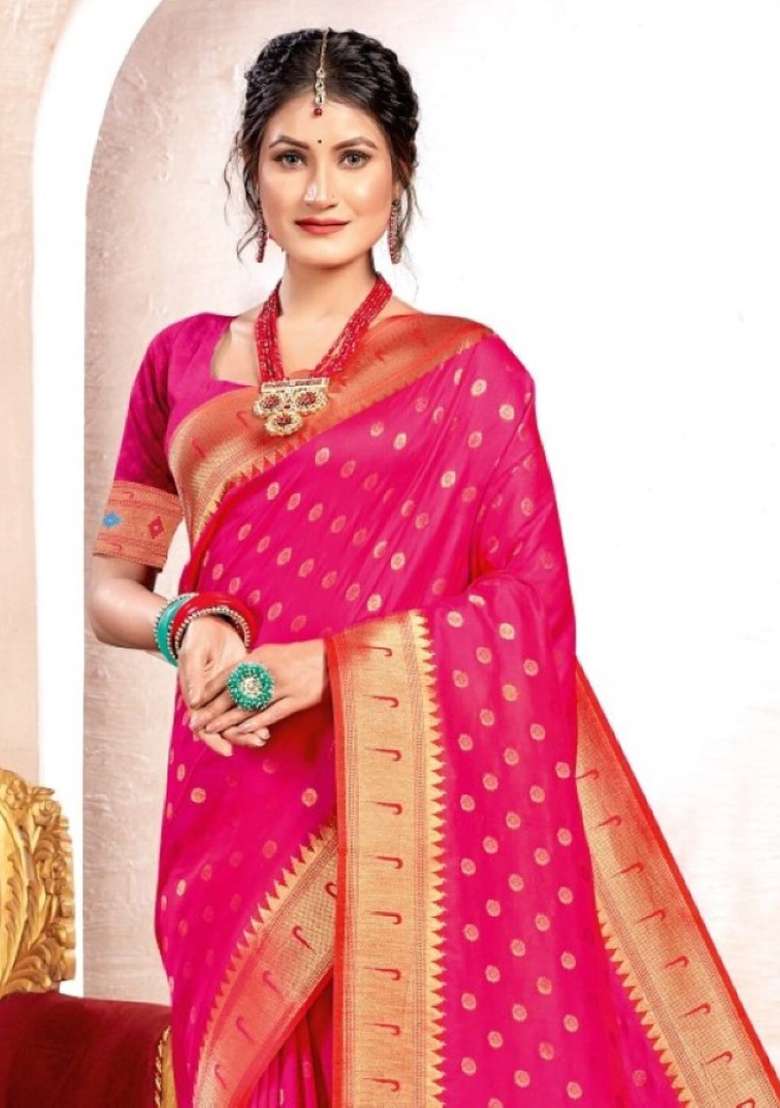 Pink Zari Work Silk Blend Saree Set - Indya