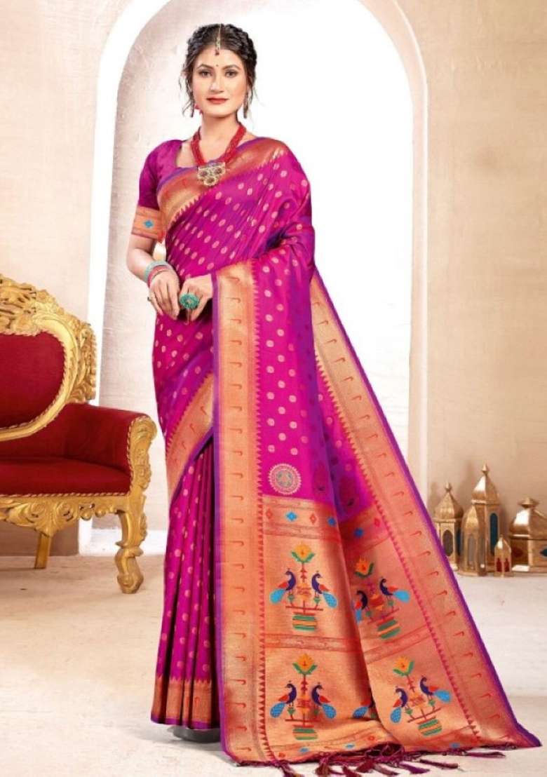 Purple Zari Work Silk Blend Saree Set - Indya