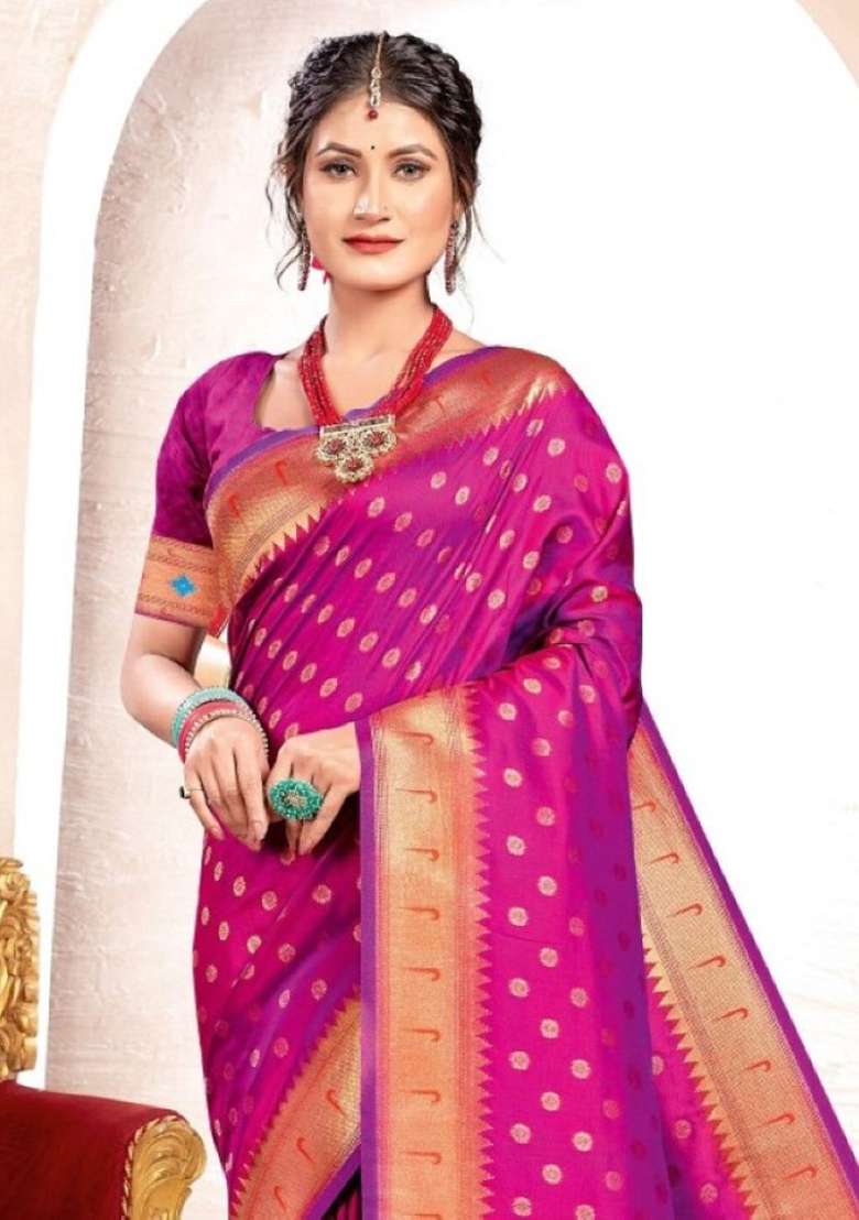 Purple Zari Work Silk Blend Saree Set - Indya