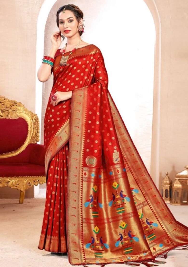Red Zari Work Silk Blend Saree Set - Indya