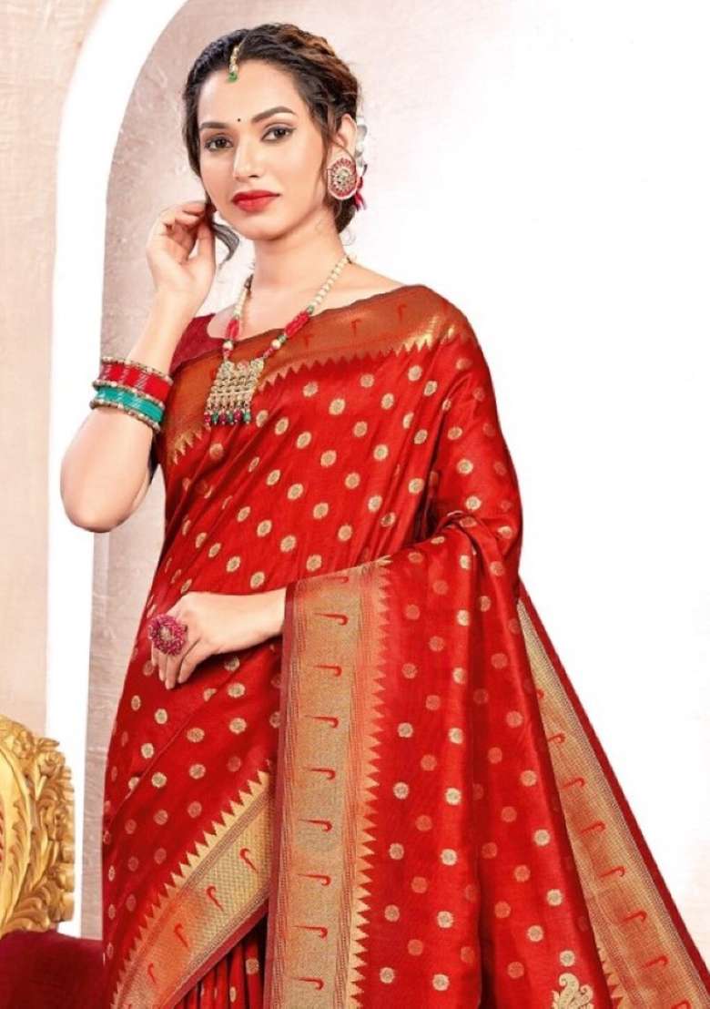 Red Zari Work Silk Blend Saree Set - Indya
