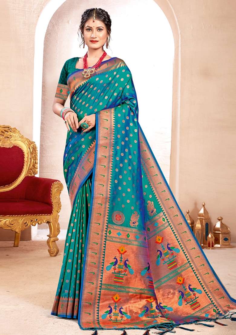 Turquoise Zari Work Silk Blend Saree Set - Indya