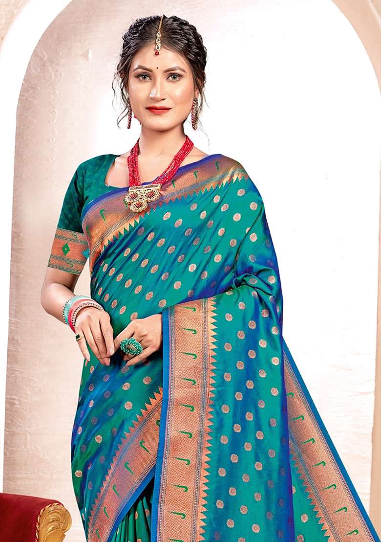 Turquoise Zari Work Silk Blend Saree Set - Indya